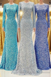 Modest Long Sleeves Sequins Mermaid Semi Formal Prom Dress